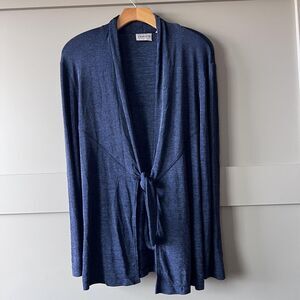 Chicos Travelers Sweater Womens 0 Small Blue Tie Open Cardigan Knit Drape Slinky